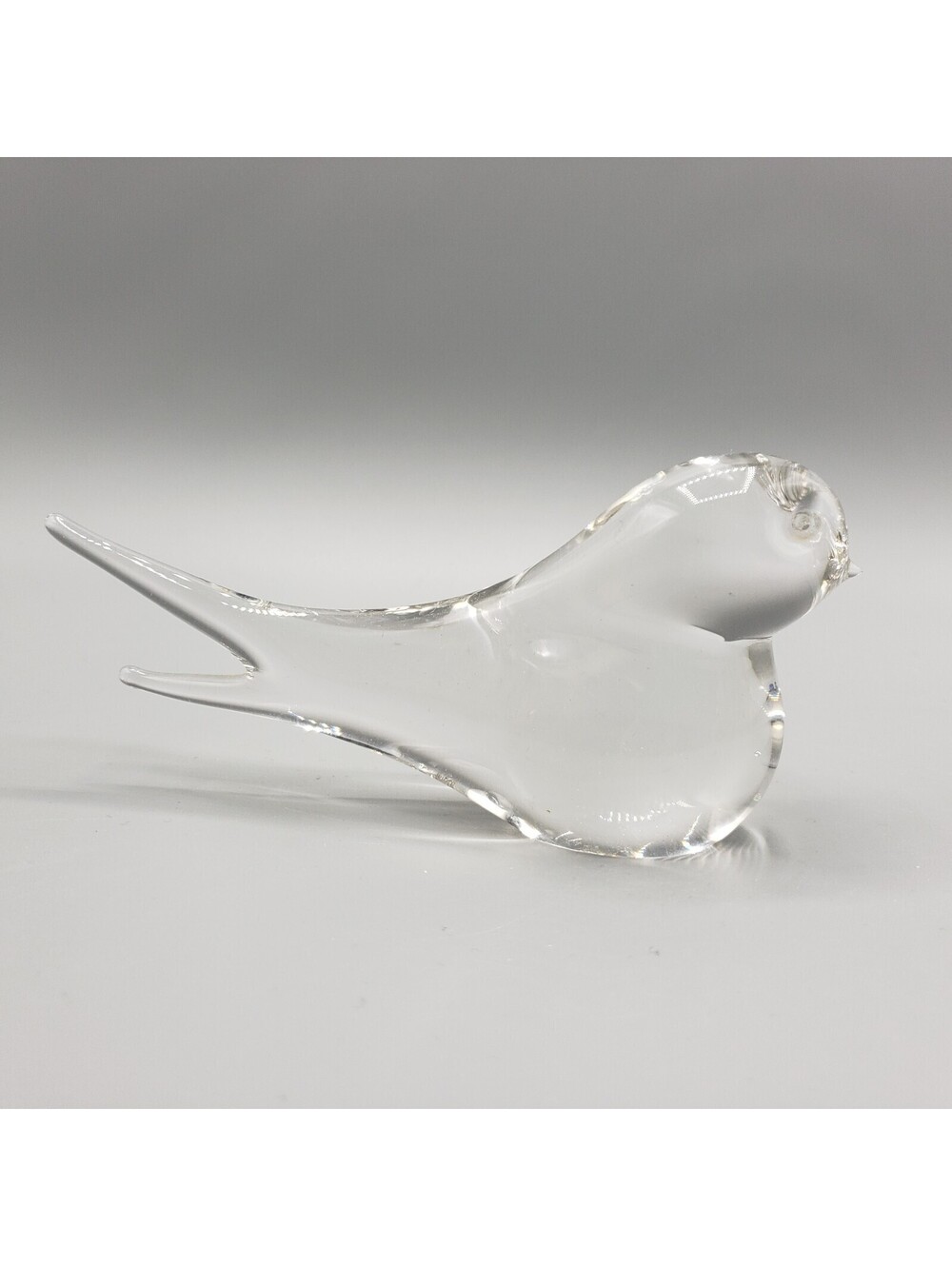 Art Glass Crystal Bird Paperweight Long Split Tail Chubby Face Clear Figurine
